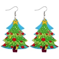Detailansicht der Tropfenohrringe aus PU-Leder mit festlichem Weihnachtsbaummuster - Blaues Weihnachtsbaummuster (JE0112A)