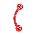 Red curved stainless steel eyebrow piercing ring with dual ball design on white background - Red