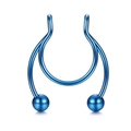 Detail of blue electroplated stainless steel U-shaped septum ring with round beads - Blue