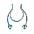 Rainbow stainless steel horseshoe fake nose ring with round beads on white background - Rainbow
