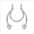 Detailed view of silver stainless steel U-shaped faux nose ring with polished metal beads - Silver