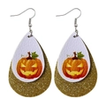 Faux leather teardrop earrings with Jack-o'-lantern print and golden glitter detail - White Pumpkin (JE0092D)