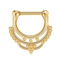 Golden D-shaped septum clicker ring with triple-layered decorative edges in gold finish - Triple Layer Beads Gold (JE0232B)