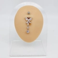 Silver butterfly navel ring with crystal stones and three-tier cascading zircon pendants - Butterfly Triple Stone Dangle Style (JE0172A)