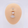 Polished stainless steel belly ring featuring a fan-shaped zircon pendant on a body model - Silver Fan Shape Pave Dangle (JE0430P)