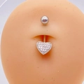 Silver-plated heart-shaped belly button ring with pavé-set AAA cubic zirconia stones - Silver Pave Heart Style (JE0428A)