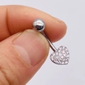 Stainless steel belly button ring featuring a heart pendant with micro-set AAA zircons - Silver Small Pave Heart (JE0428D)