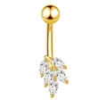Detalle del piercing de ombligo dorado con cinco hojas de circonita AAA en corte marquesa - Hoja Dorada (JE0382A)