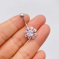Silver stainless steel belly ring featuring a square zircon center with floral halo - Silver Sunflower Style (JE0428F)