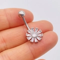 Stainless steel belly button ring with a sunburst sunflower clear zircon pendant - Silver Radiant Sunflower (JE0428H)