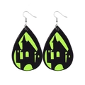 Close-up of teardrop Halloween earrings with fluorescent green haunted castle design - Castle Style (JE0557F)