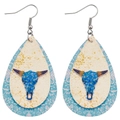 Détail de boucles d'oreilles larmes avec motif paisley et design de crâne de taureau - Motif Paisley Tête de Taureau Bleu (JE0339G)