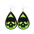 Close-up of teardrop leather earrings featuring green glow-in-the-dark skull patterns - Skeleton Style (JE0557D)