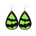 Detailed view of teardrop bat earrings featuring neon green glow and black leather silhouettes - Bats Style (JE0557B)