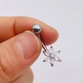 Silver stainless steel belly ring with a zircon-encrusted six-petal flower design - Silver Six-Petal Flower Style (JE0428O)