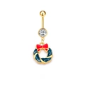 Vergulde navelring met een blauwe emaille kerstkrans hanger en een feestelijke rode strik - Goud Kerstkrans Stijl