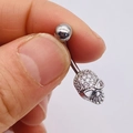 Polished silver skull belly button ring with sparkling zircon heart-eye design - Silver Zirconia Skull (JE0428U)