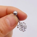 Polished silver navel ring featuring a sparkling floral pendant with AAA zircon stones - Silver Teardrop Petal (JE0428W)