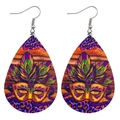 Three-layer carnival leather leaf earrings with colorful mask and leopard print - Mardi Gras Mask And Feather Style (JE0711C)