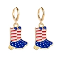 Detailed view of patriotic cowboy boot earrings with US flag patterns and gold hooks - Red White Blue Boots (JE0768D)