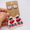 Detail of USA flag earrings set with red white blue stars and stripes on leather - USA Letter Flag Teardrop Set (JE0766I)