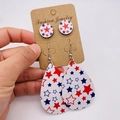 Detail of US flag themed leather earrings with red white and blue star patterns - Red Blue White Star Print Set (JE0766J)