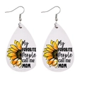 Detail view of teardrop faux leather earrings with sunflower and Mother's Day text design - Favorite People Call Me Mom Style (JE0777A)