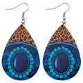 Boucles d'oreilles goutte en similicuir avec imprimé léopard et motif bohème bleu et argent - Patchwork Mandala Bleu Léopard (JE0339B)
