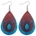 Boucles d'oreilles goutte en similicuir avec motifs bleu turquoise et rouge foncé - Motif Mandala Turquoise (JE0339E)