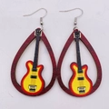 Macro detail of hollow teardrop wooden earrings featuring a sunburst electric guitar design - Sunburst Electric Guitar Style (JE0800H)