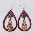 Detailed shot of teardrop wood earrings with hollow lute design and ethnic patterns - Lute Style (JE0800G)
