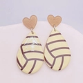 Detail showing heart-shaped glitter stud with volleyball print drop earrings - Volleyball Style (JE0807F)
