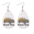 Faux leather teardrop earrings with sunflower truck design and Blessed Mama text - Leopard Sunflower Truck Style (JE0777D)