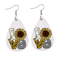 Kunstlederen druppeloorbellen met LOVE-letters en zonnebloem- en geruite patronen - LOVE Zonnebloem Plaid Stijl (JE0777K)