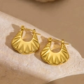 Polished gold pleated fan earrings displayed on a natural stone textured background - EH118/Pleated Arc Clicker