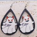 Orecchini di Halloween in legno a goccia con fantasma bianco spaventoso e corna rosse - Stile Fantasma con Corna Rosse e Coltello (JE0850G)