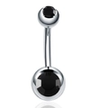 Macro shot of silver stainless steel belly button ring with two round black faceted gems - Black