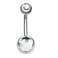 Macro detail of stainless steel belly ring with vibrant multi-color double opal stones - AB Color