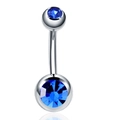 Silver stainless steel belly ring with double dark blue multifaceted gemstones on white background - Blue
