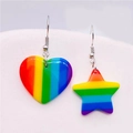 Close-up of rainbow striped acrylic earrings in asymmetrical heart and star shapes - Asymmetric Rainbow Heart Star Style (JE0918G)
