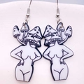 Detailed view of creative mushroom girl acrylic earrings with surreal black line art style - B&W Mushroom Girl Line Art (JE0921A)