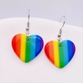 Vibrant rainbow striped acrylic heart earrings with silver hooks for a colorful summer look - Rainbow Heart Style (JE0918E)