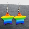 Rainbow acrylic star drop earrings with colorful striped patterns on grey stone background - Rainbow Star Style (JE0918F)