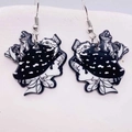 Macro detail of acrylic earrings featuring hand-drawn frog and mushroom illustrations - Frog Mushroom Leaf (JE0921G)