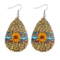 Leopard print teardrop earrings with sunflower and western boho pattern on white background - Striped Sunflower Leopard Style (JE0494B)