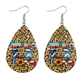 Detail view of teardrop earrings featuring leopard print, Texas letters, and sunflowers - Texas Sunflower Leopard Style (JE0494C)