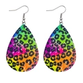 Close-up of teardrop faux leather earrings featuring rainbow leopard print pattern - Rainbow Gradient Leopard Style (JE0494G)