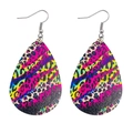 Close-up of teardrop leopard print earrings with vibrant neon colors and silver hooks - Fluorescent Neon Leopard Style (JE0494H)