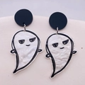 Halloween white pearlescent acrylic ghost earrings with playful expressions and black studs - Playful Expression Ghost Style (JE0889F)