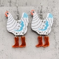 Boucles d'oreilles créatives en acrylique motif poule avec bottes orange pailletées - Coq Texturé Bleu avec Bottes Oranges (Simple face) (JE0974B)